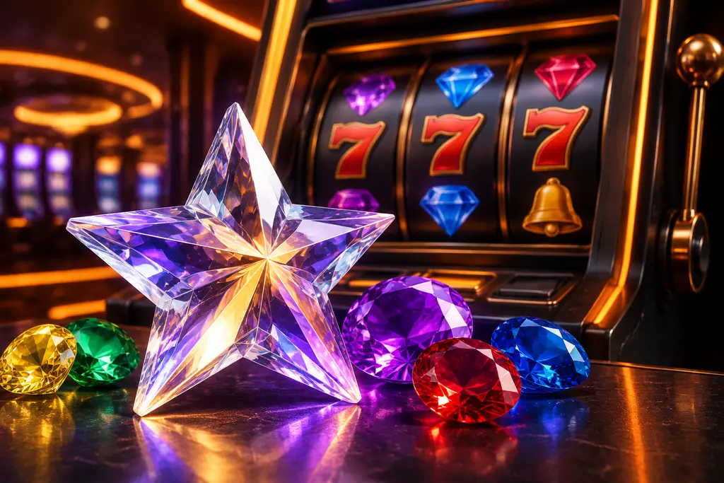 Kristal berbentuk bintang dan permata di dekat mesin slot kasino