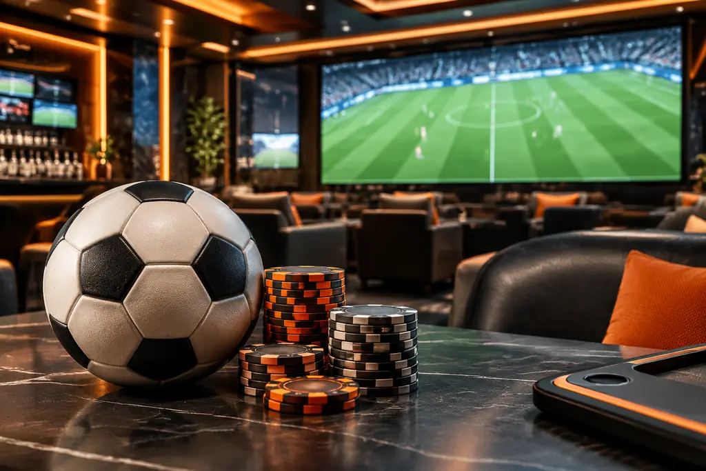 Bola sepak dan layar pertandingan di area kasino